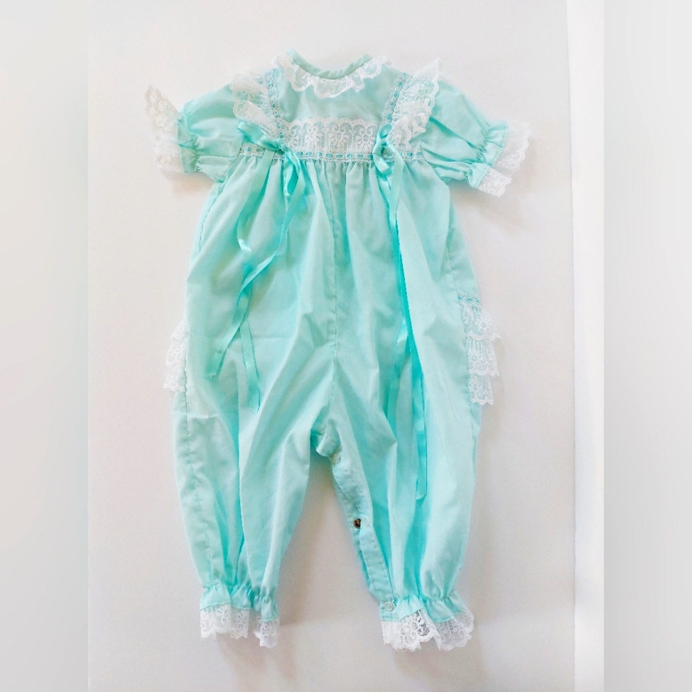 80s Infant Romper Light Blue Ruffle Bum size 6m Toddle Tyke Cottagecore‎